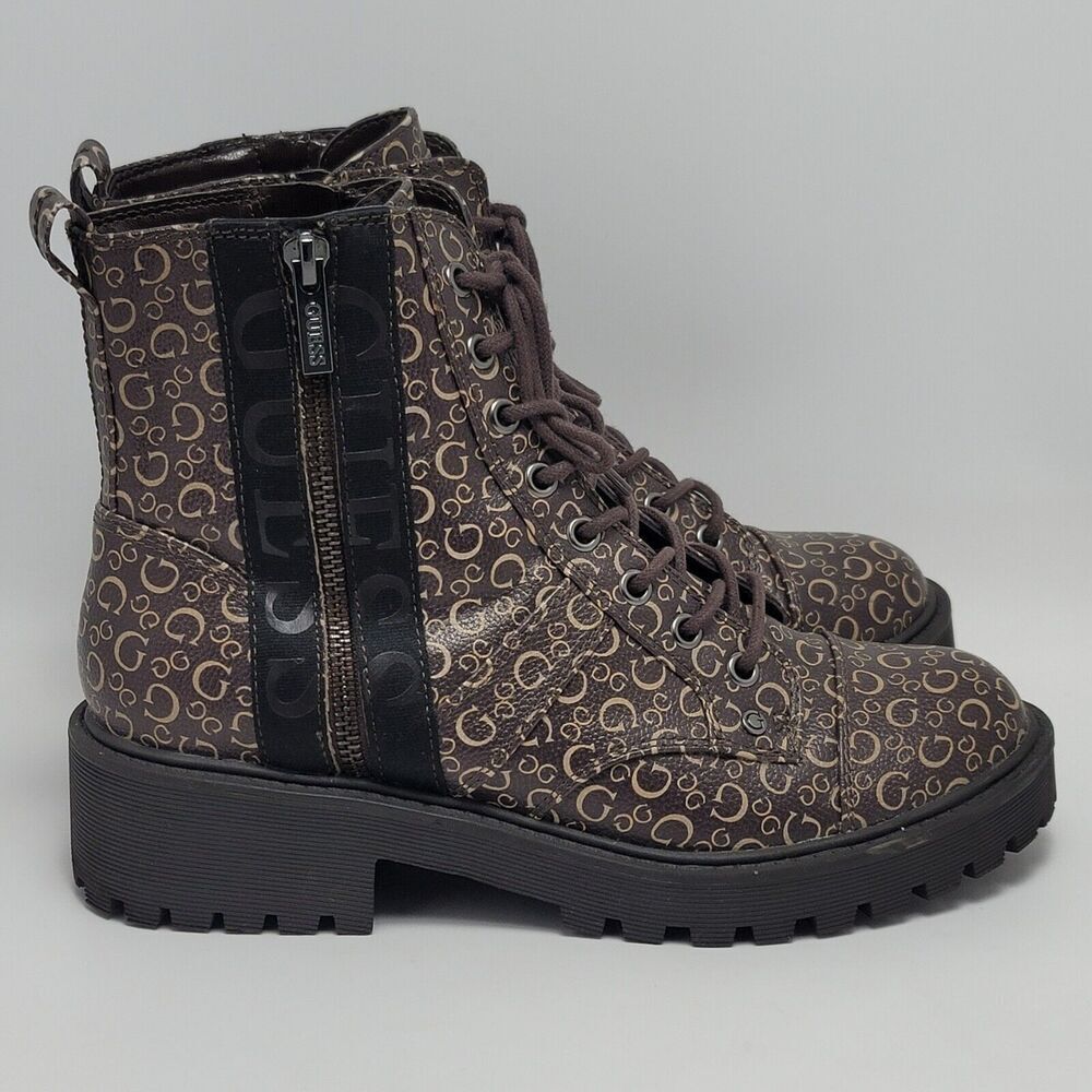 Guess Los Angeles Womens Brown Logo Ankle Combat Lace Up Boots Side Zip Sz 8.5M